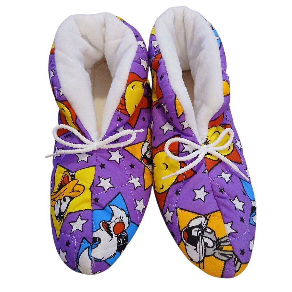 Vtg Looney Tunes Warner Bros Quilted Purple Slippers Shoes Bugs Tweety Daffy XL - Picture 2 of 9